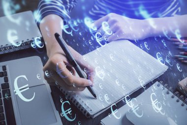 Finansal grafik el notları arka plan alarak üzerinde çizilmiş. Araştırma kavramı. Çift Pozlama