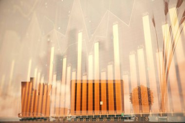 Bilgisayar geçmişi olan eski grafik hologramı. Çifte maruziyet. Finans piyasası kavramı.