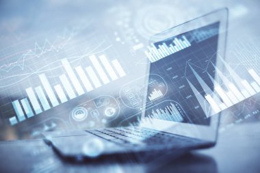 Bilgisayar geçmişi olan eski grafik hologramı. Çifte maruziyet. Finans piyasası kavramı.