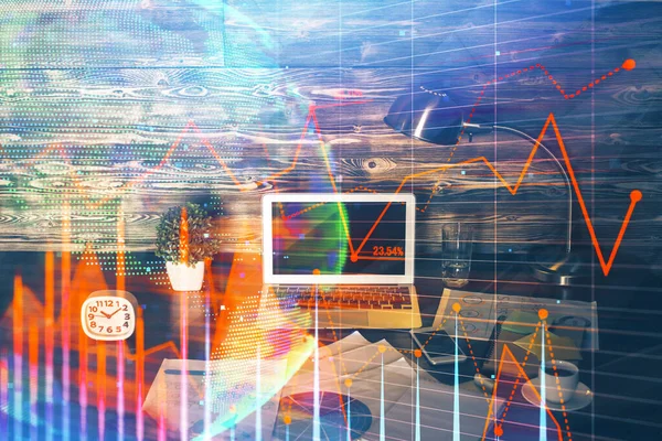 Double exposure of forex graph and work space with computer. Concept of international online trading. — Stock Photo, Image
