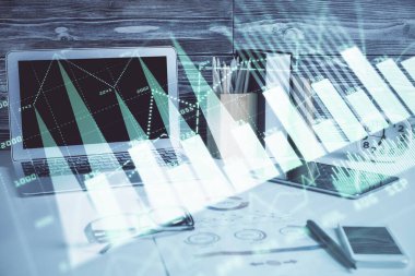 Eski pazar grafiği hologramı ve kişisel bilgisayar geçmişi. Çifte maruziyet. Yatırım kavramı.