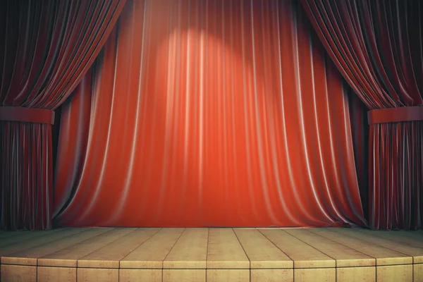 Estágio de madeira com cortinas vermelhas — Fotografia de Stock