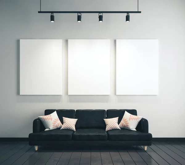 Wohnzimmer mit drei leeren Bannern — Stockfoto
