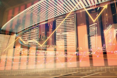 Yüksek binaların arka planında çoklu pozlama olan eski şehir haritası. Finansal araştırma kavramı.