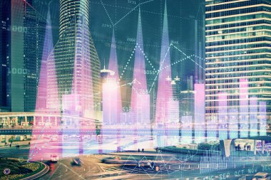 Yüksek binalar arka plan çok pozlama ile şehir scape mali grafik. Analiz kavramı.