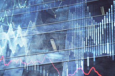 Yüksek binaların arka planında çoklu pozlama olan eski şehir haritası. Finansal araştırma kavramı.