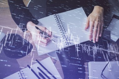 Forex grafik hologram el notları arka plan alarak. Analiz kavramı. Çoklu pozlama