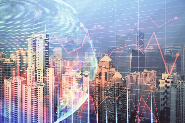 Forex graph on city view with skyscrapers background multi exposure. Financial analysis concept. — Stock Photo, Image