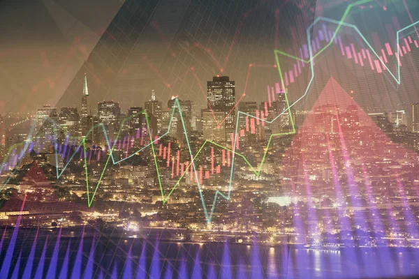 Finansiell graf på Night City Scape med höga byggnader bakgrund dubbel exponering. Analys koncept. — Stockfoto