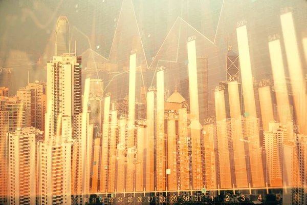 Graphique Forex sur le paysage urbain avec des gratte-ciel papier peint double exposition. Concept de recherche financière. — Photo