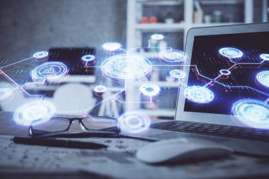 Sosyal ağ tema simgesi olan masaüstü bilgisayarı. Çoklu maruz kalma. Uluslararası bağlantılar kavramı.