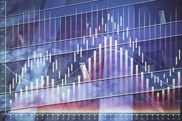 Forex chart on cityscape with tall buildings background multi exposure. Financial research concept.