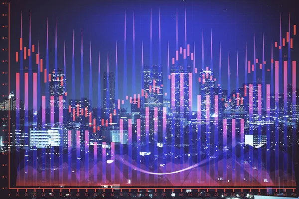 Οικονομικό γράφημα για το νυχτερινό τοπίο της πόλης με ψηλό κτίριο φόντο πολλαπλή έκθεση. Έννοια ανάλυσης. — Φωτογραφία Αρχείου