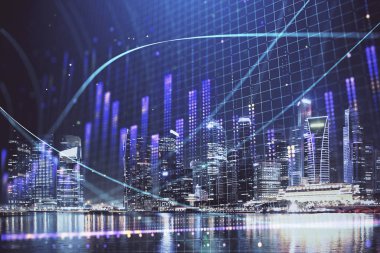 Yüksek binalar arka plan çok pozlama ile şehir scape mali grafik. Analiz kavramı.