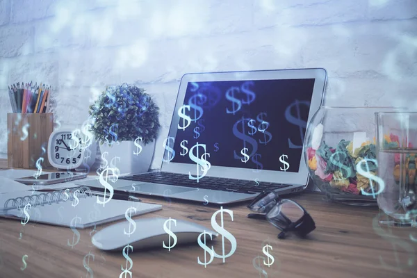 Hologramm für den Devisenmarkt und Personal Computer im Hintergrund. Doppelbelichtung. Investitionskonzept. — Stockfoto