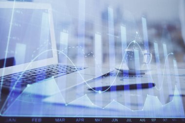 Bilgisayar geçmişi olan eski grafik hologramı. Çifte maruziyet. Finans piyasası kavramı.