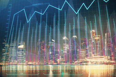 Yüksek binalar arka plan çok pozlama ile şehir scape mali grafik. Analiz kavramı.