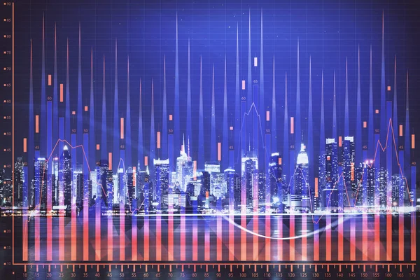 Οικονομικό γράφημα για το νυχτερινό τοπίο της πόλης με ψηλό κτίριο φόντο πολλαπλή έκθεση. Έννοια ανάλυσης. — Φωτογραφία Αρχείου