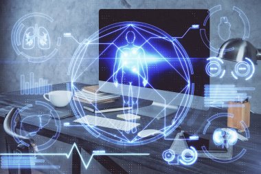 Masaüstü bilgisayar geçmişi ve eğitim teması çizimi. Çifte maruziyet. Konsept çalış.