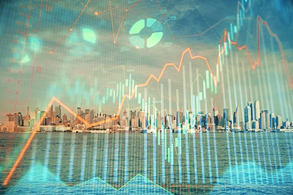 Forex graph on city view with skyscrapers background double exposure. Financial analysis concept. — Stock Photo, Image