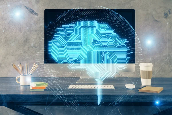 Double exposition de la table avec ordinateur et hologramme cérébral. Concept d'innovation des données. — Photo