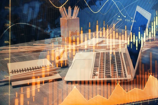 Double exposure of chart and financial info and work space with computer background. Concept of international online trading. — Stock Photo, Image