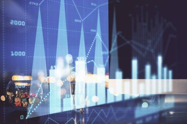 Kişisel bilgisayar arkaplanına çizilmiş borsa hologramı. Çifte maruziyet. Yatırım kavramı.