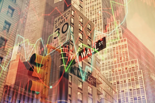 Forex chart on cityscape with tall buildings background multi exposure. Financial research concept. — Stock Photo, Image