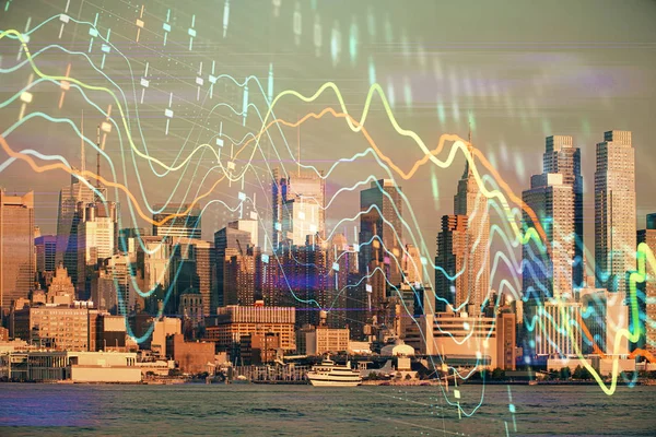 Forex graph on city view with skyscrapers background double exposure. Financial analysis concept. — Stock Photo, Image