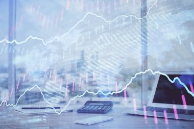 Bilgisayar geçmişi olan eski grafik hologramı. Çoklu maruz kalma. Finans piyasası kavramı.