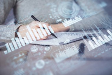 Hands Not defteri hisse senedi piyasası hakkında bilgi yazma. Ön Forex grafik hologramlar. Araştırma kavramı. Çoklu pozlama