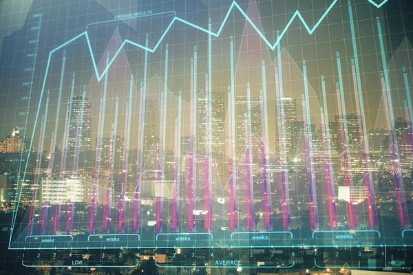 Finanční graf pro noční krajinu s vysokými budovami v pozadí. Koncepce analýzy. — Stock fotografie