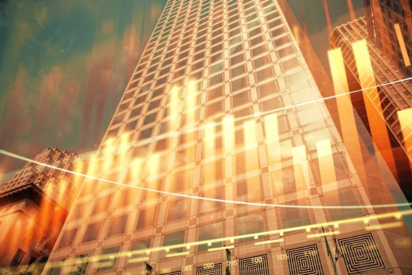 Forex diagram på stadsbilden med höga byggnader bakgrund multi exponering. Finansiell forskning. — Stockfoto