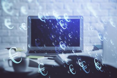 Kişisel bilgisayar arkaplanına çizilmiş borsa hologramı. Çifte maruziyet. Yatırım kavramı.