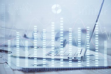 Eski pazar grafiği hologramı ve kişisel bilgisayar geçmişi. Çifte maruziyet. Yatırım kavramı.