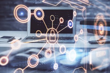 Sosyal ağ tema simgesi olan masaüstü bilgisayarı. Çoklu maruz kalma. Uluslararası bağlantılar kavramı.