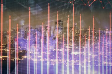 Yüksek binalar arka plan çift pozlama ile gece şehir scape mali grafik. Analiz kavramı.