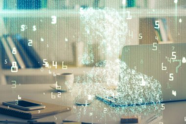 Teknoloji temalı çizim ve bilgisayarla çalışma alanı. Çoklu maruz kalma. Yenilik kavramı.