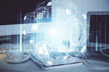 Sosyal ağ tema simgesi olan masaüstü bilgisayarı. Çoklu maruz kalma. Uluslararası bağlantılar kavramı.