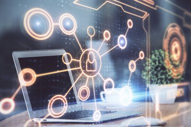 Sosyal ağ tema simgesi olan masaüstü bilgisayarı. Çoklu maruz kalma. Uluslararası bağlantılar kavramı.