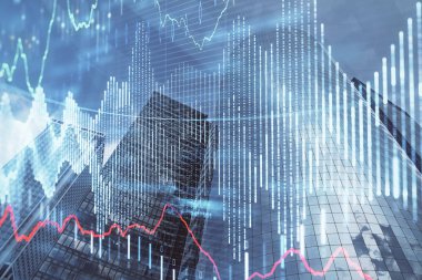 Gökdelenler, duvar kağıtları ve çoklu pozlama ile şehir manzarasının eski çizelgesi. Finansal araştırma kavramı.