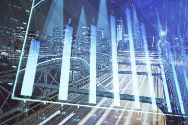 Yüksek binaların arka planında çoklu pozlama olan eski şehir haritası. Finansal araştırma kavramı.