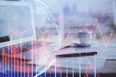 Bilgisayar geçmişi olan eski grafik hologramı. Çifte maruziyet. Finans piyasası kavramı.