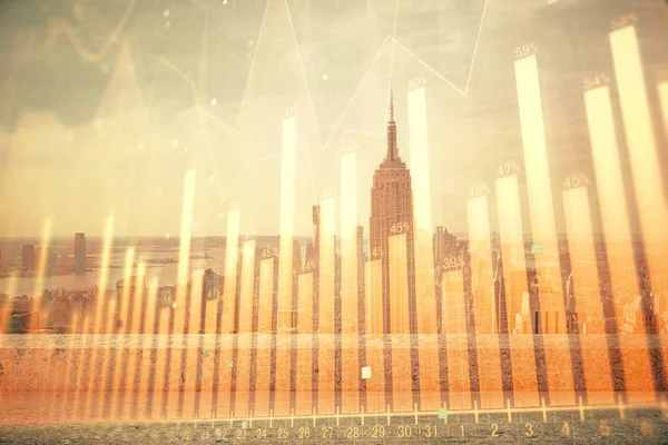 Forex graph on city view with skyscrapers background multi exposure. Financial analysis concept. — Stock Photo, Image