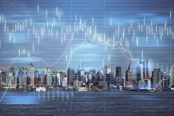 Forex chart on cityscape with skyscrapers wallpaper double exposure. Financial research concept. — Stock Photo, Image