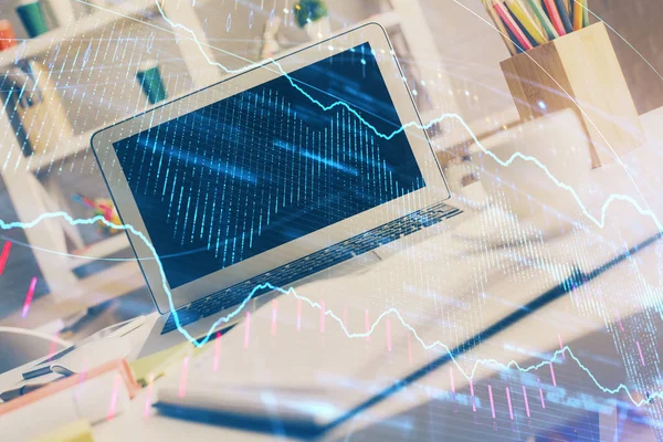 Pénzügyi chart rajz és táblázat számítógép a háttérben. Dupla expozíció. A nemzetközi piacok fogalma. — Stock Fotó