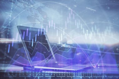 Eski pazar grafiği hologramı ve kişisel bilgisayar geçmişi. Çifte maruziyet. Yatırım kavramı.