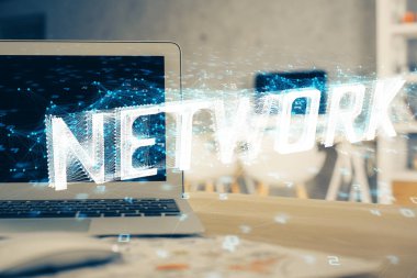 Teknoloji temalı çizim ve bilgisayarlı masa. Çoklu maruz kalma. Bilgi kavramı.