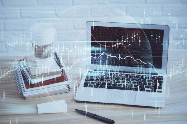 Doble exposición de gráfico e información financiera y espacio de trabajo con fondo informático. Concepto de comercio internacional en línea. —  Fotos de Stock