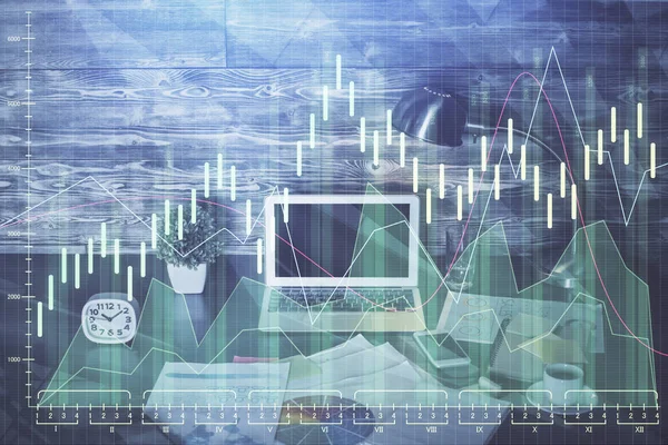 Dupla exposição do gráfico forex e espaço de trabalho com computador. Conceito de negociação internacional em linha. — Fotografia de Stock